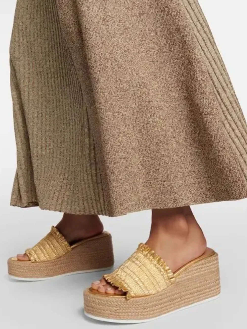 💛 GANNI Gold Smocked Woven Platform Espadrille Slides Made in Spain size 36